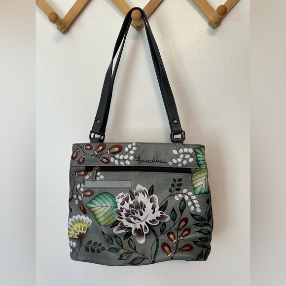 ANUSCHKA Handbag Garden of Eden Grey Floral Purse Tote Hand Painted Leather - Picture 1 of 14